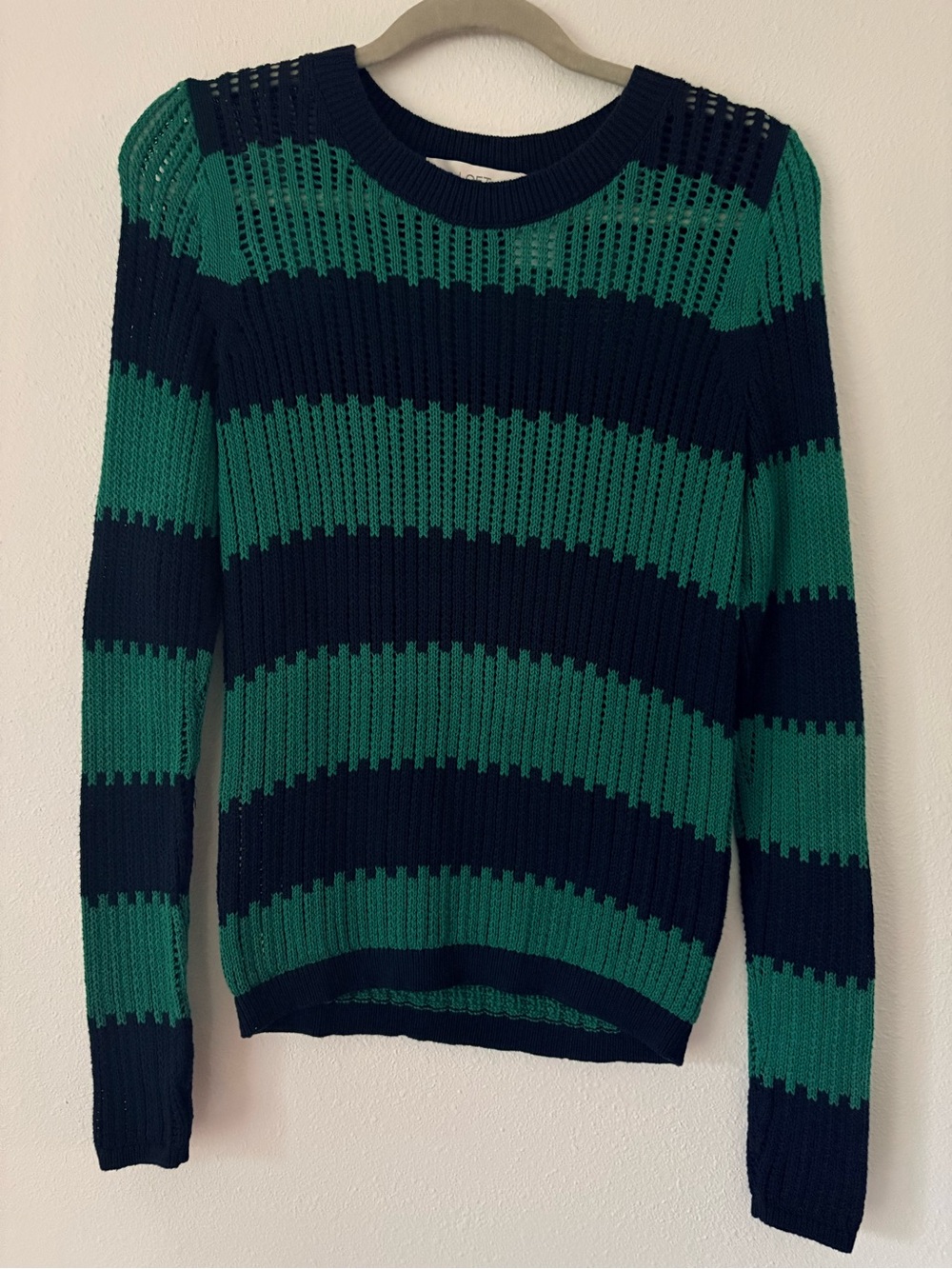 LOFT Striped Crewneck Sweater in Green & Navy | XS